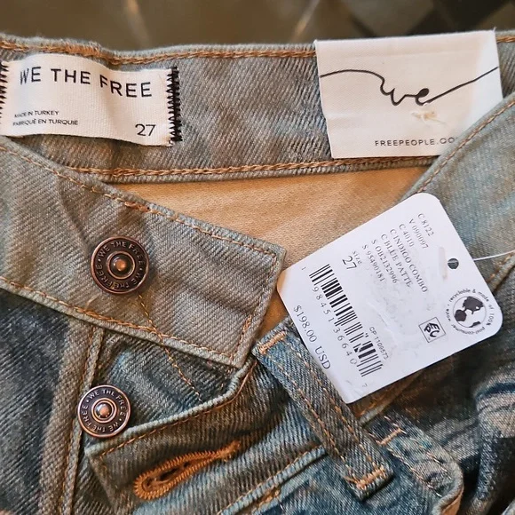 Free People Illusions Patchwork Printed Jeans Barrel Leg Relaxed Indigo 27 NWT - Picture 3 of 15